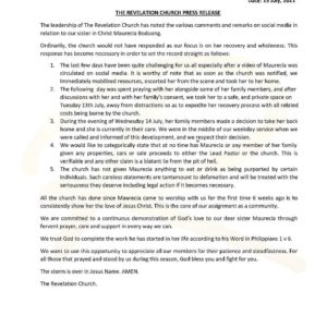 Press release by revelation church on Moesha Boduong Issue