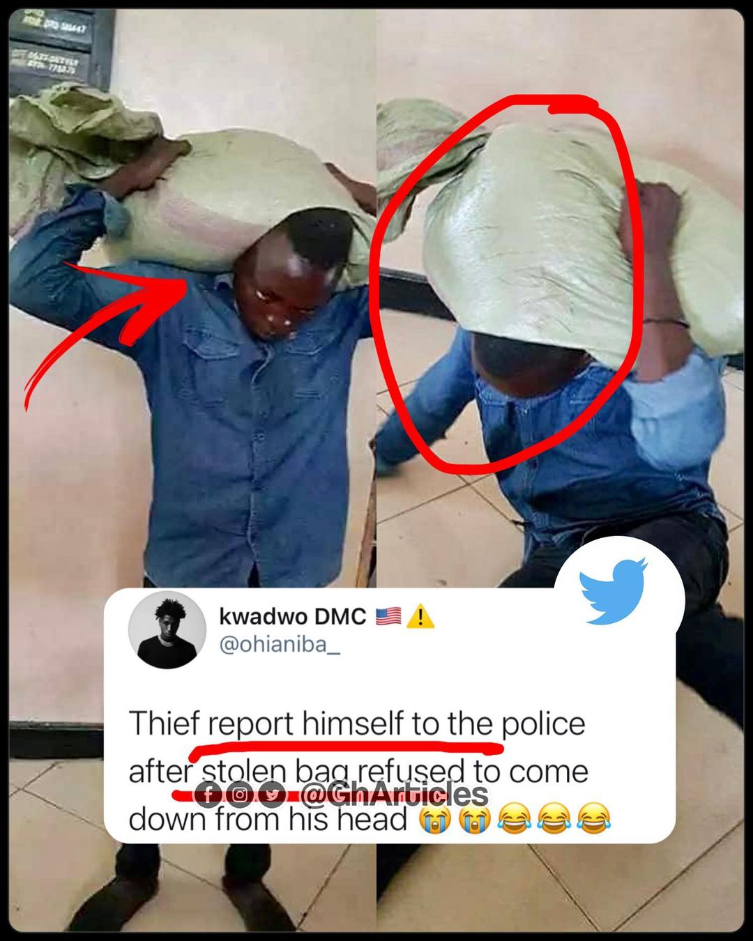 Man reports himself to police after stolen bag refused to come off his head in the Volta Region
