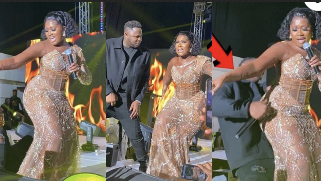 Medikal 'Faints' Behind His Wife Fella Makafui While Grinding Her Backside On Stage (Watch)