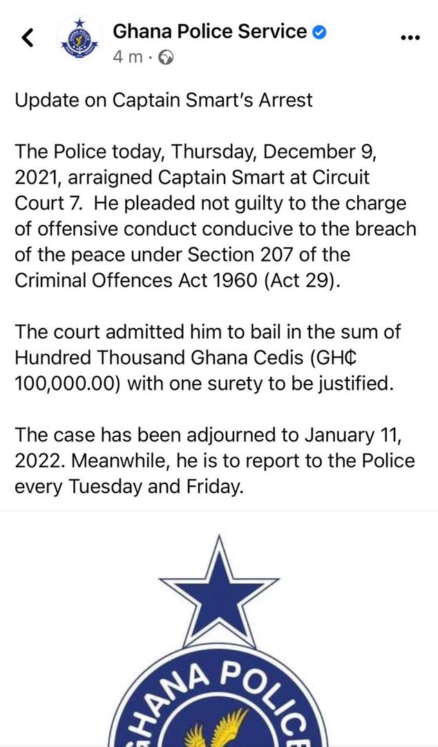 Captain Smart Granted Ghc100k Bail