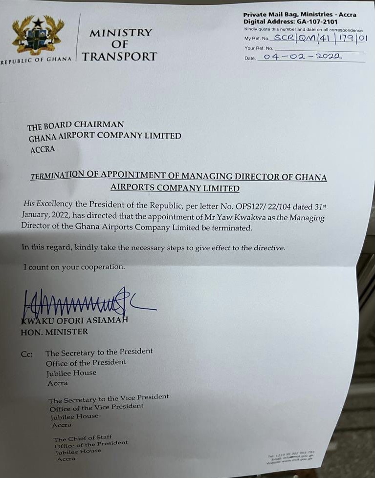 BREAKING: Prez Akufo-Addo Terminates Appointment Of Ghana Airport's MD, Yaw Kwakye