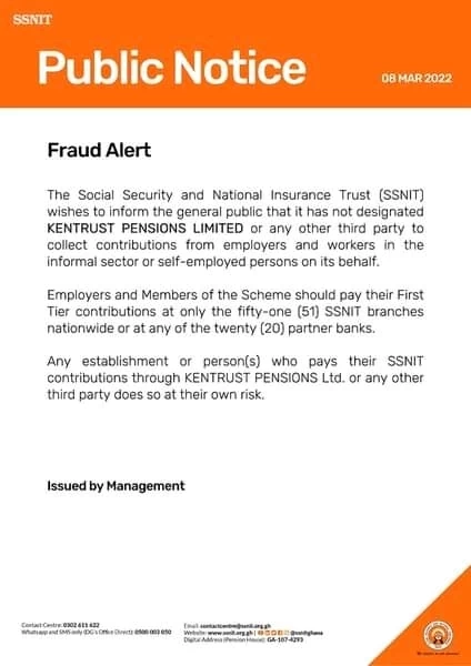 Fraud Alert: SSNIT Warns Public Against Paying Contributions To KenTrust Pensions Ltd