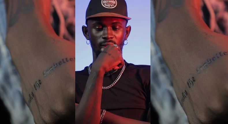 Black Sherif Inks 'Kwaku The Traveller' Tattoo On His Body; Shows It Off
