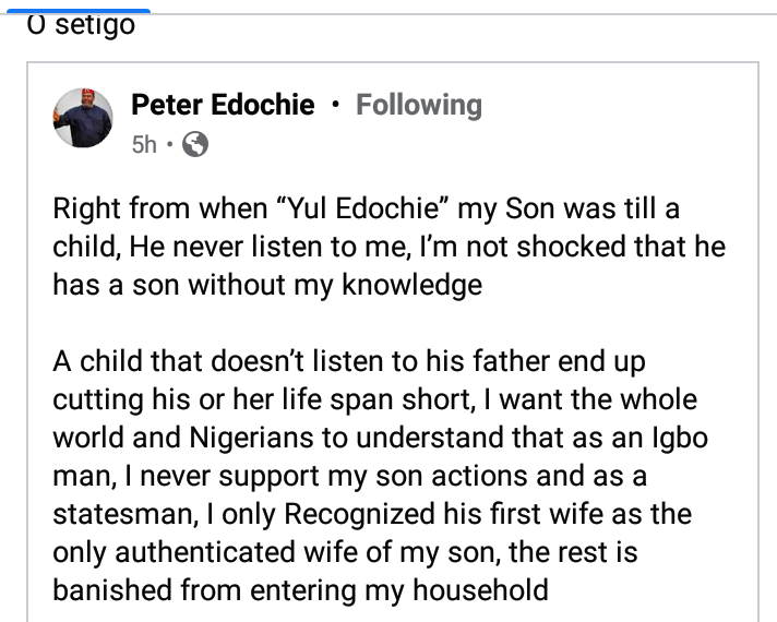 Yul Edochie Marriage Scandal: Peter Edochie Breaks Silence; Says His Son Doesn't Listen To Him Right From Childhood